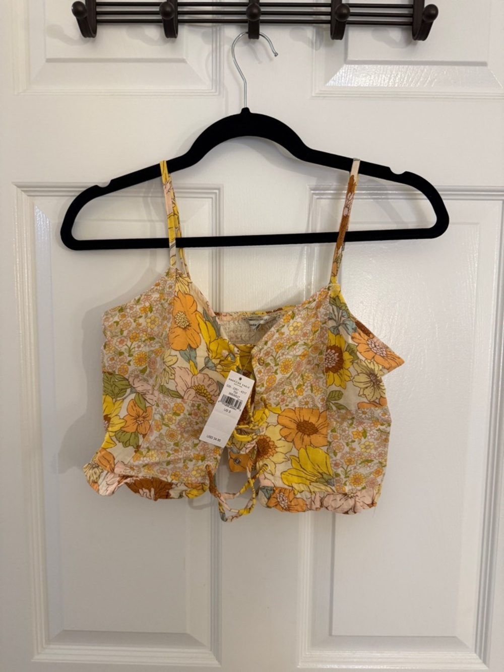 American Eagle Outfitters Yellow Floral Tie-Front Crop Top